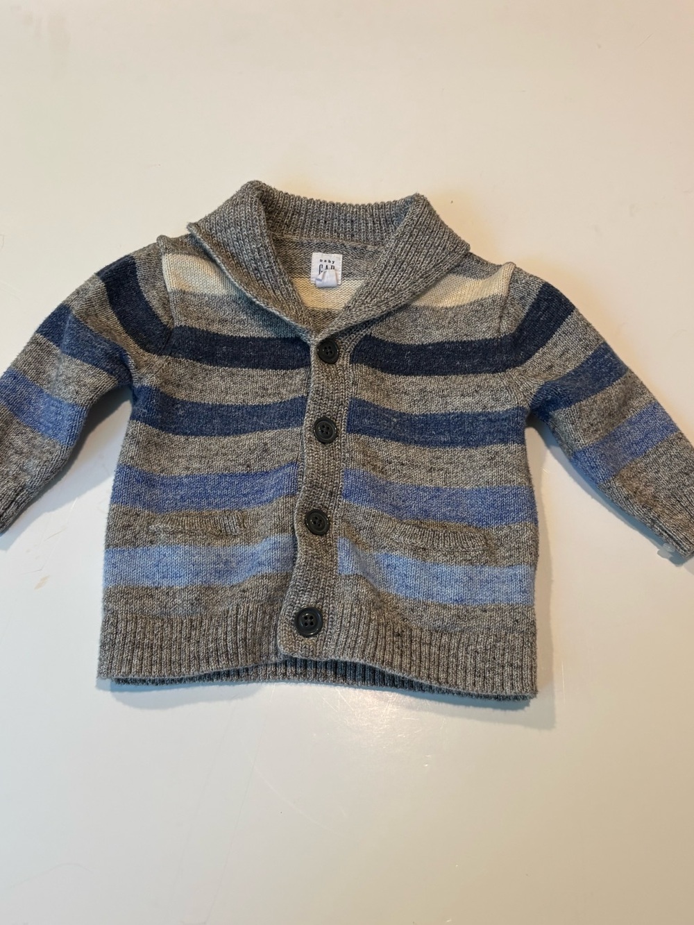 Baby Gap Striped Shawl Collar Knit Cardigan - Gray & Blue - 6-12M